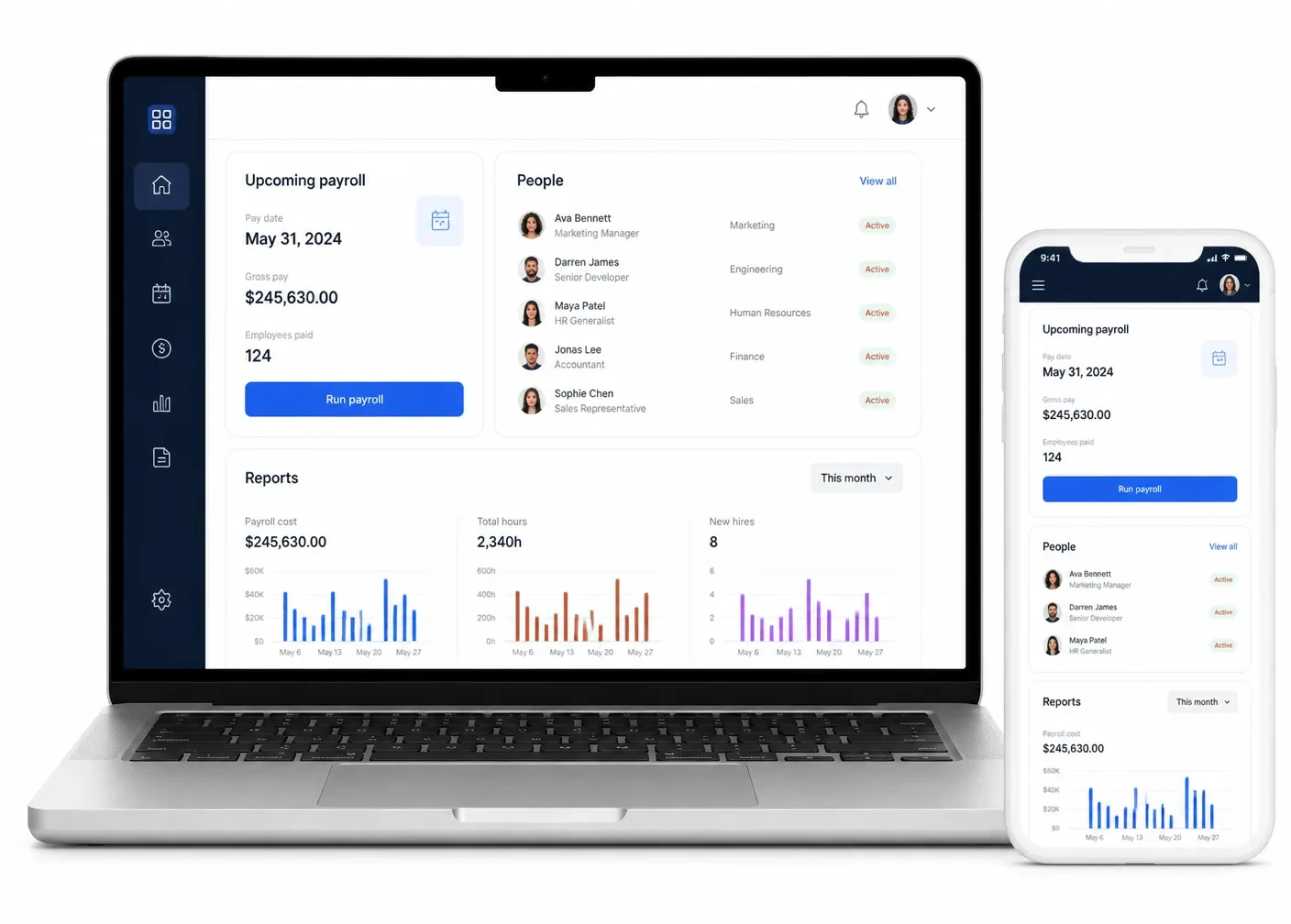 Softra payroll workspace showing a pay run and payslips