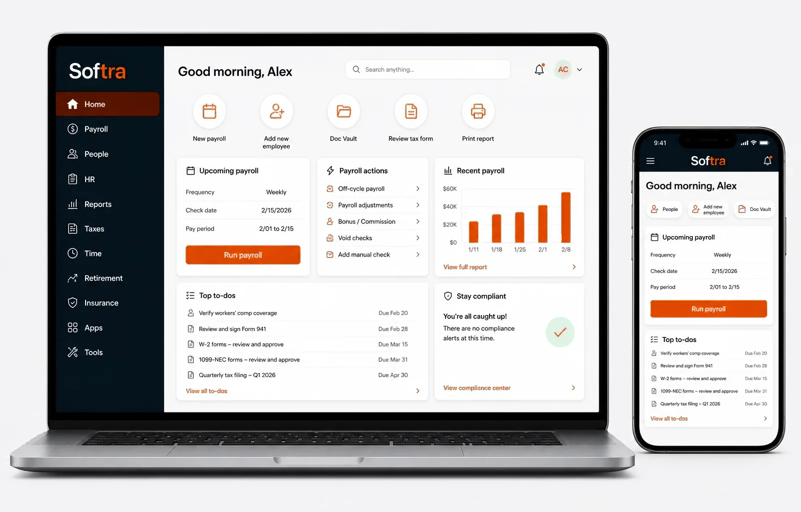Softra payroll and HR dashboard on laptop and mobile