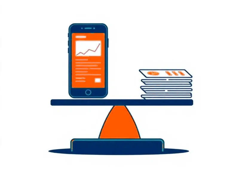 Illustration comparing a payroll app with paper spreadsheets