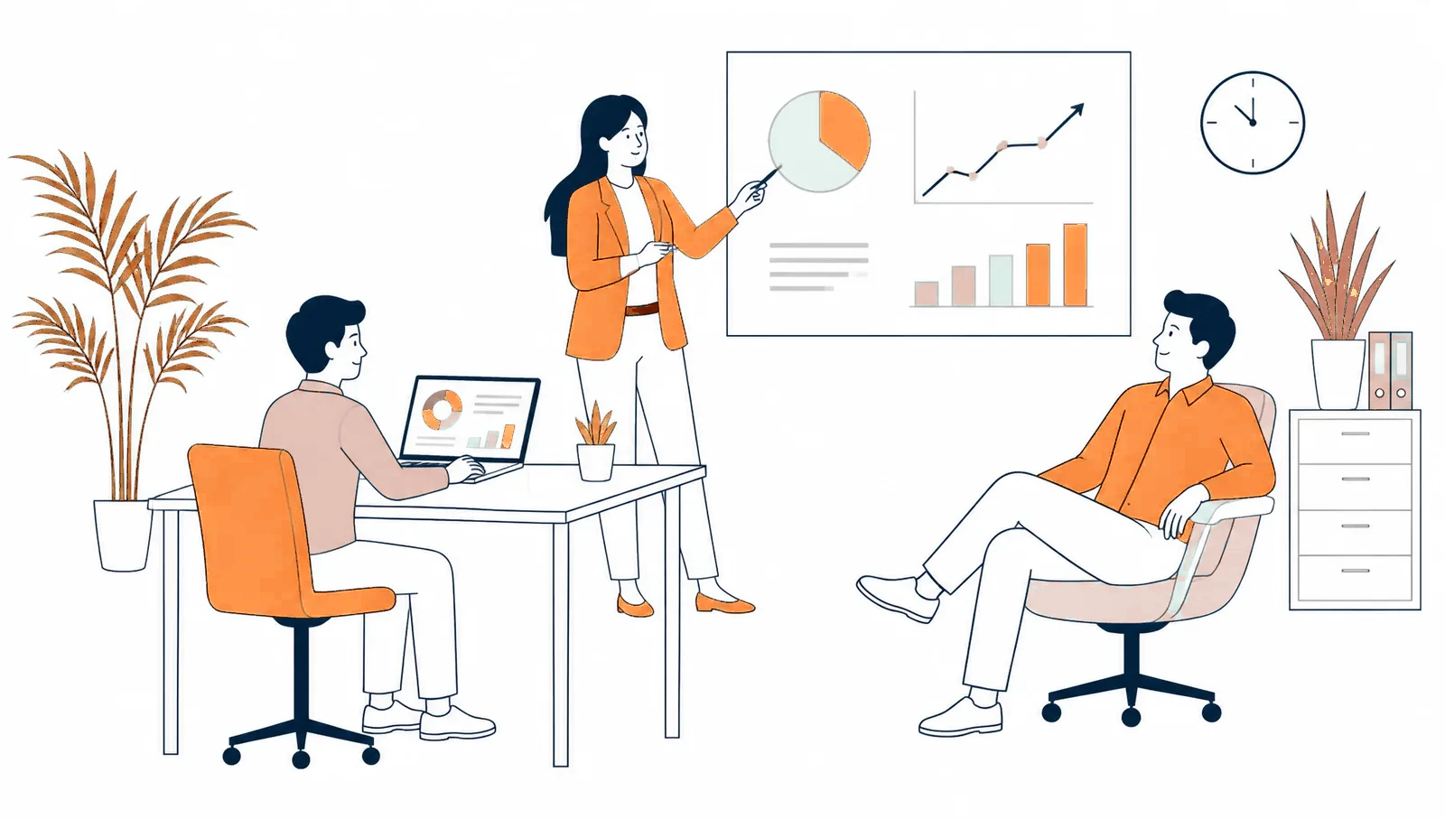 Illustration of a team reviewing payroll and people data