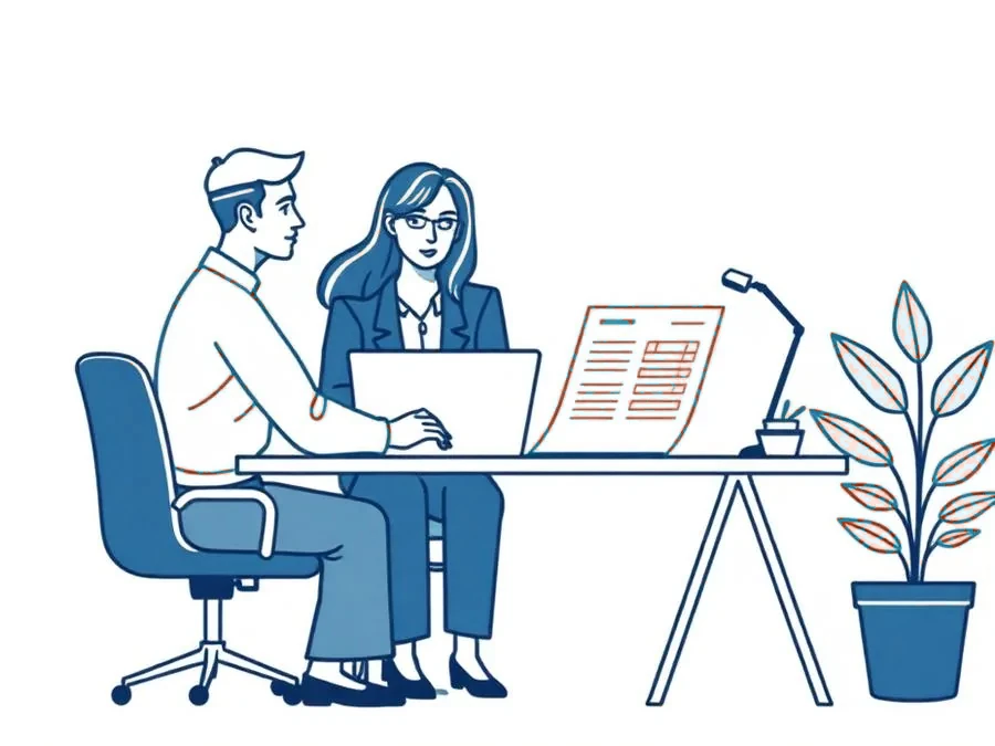 Illustration of a professional services team reviewing payroll on a laptop